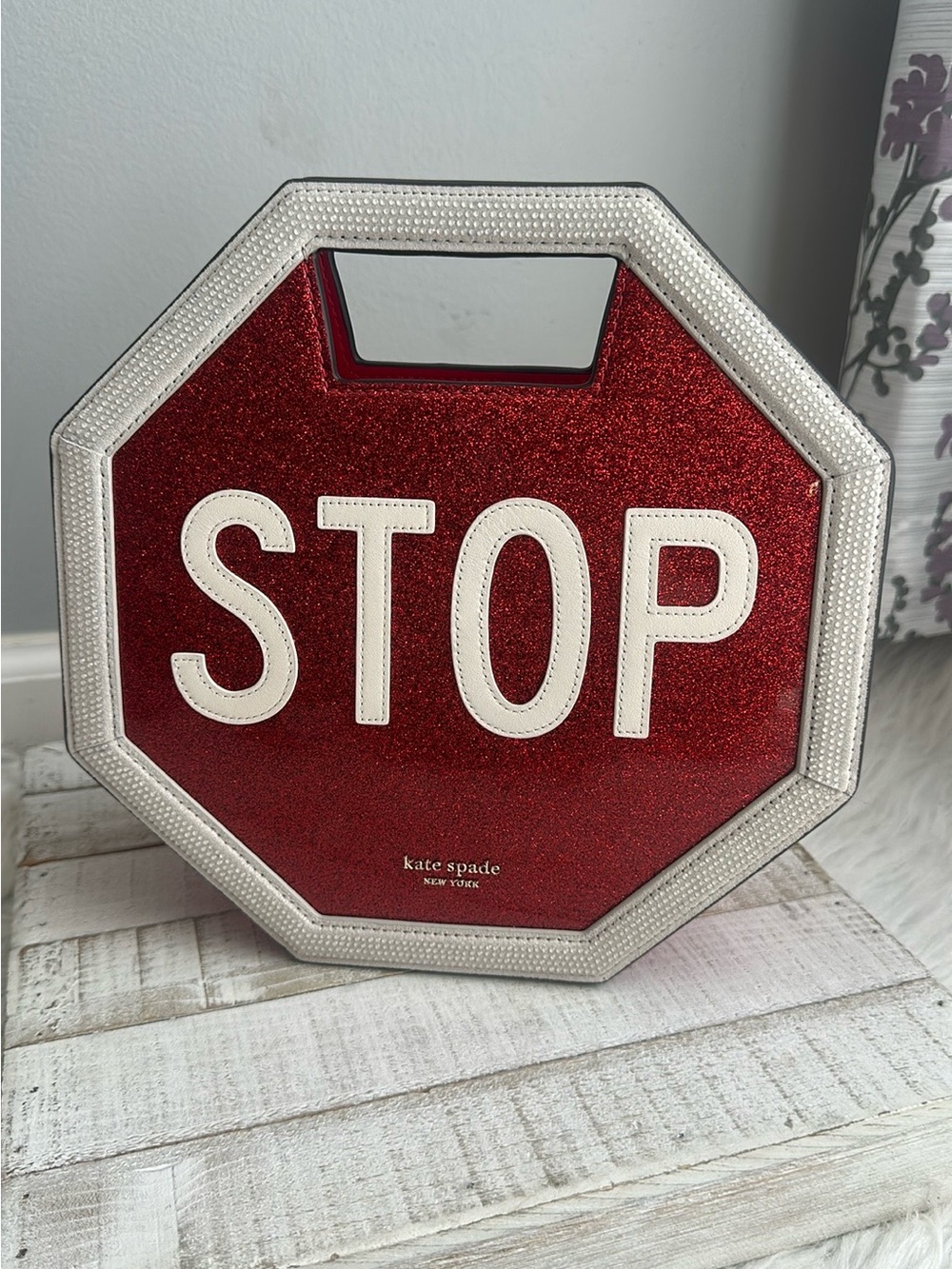 Nwt Kate spade detour Red Glitter patent Stop Sign Handbag